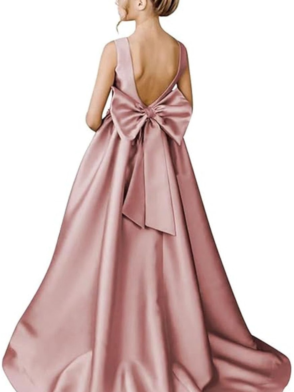 Elegant Rose Pink Satin Back-Bow Evening Dress